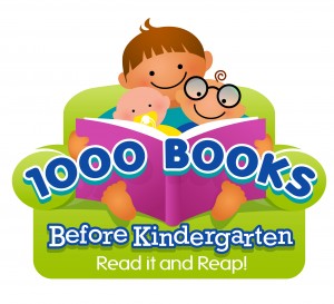 child and toddler holding a book with the words 1000 books before kindergarten