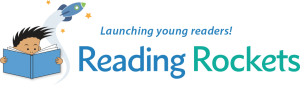 a child reading a book with a rocket launching with the words Reading Rockets