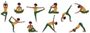 A woman dressed in green leggings and a yellow tank top doing 10 different yoga poses.