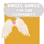 yellow square with angel wings and heart in the middle. Circle with angel wings for our community 