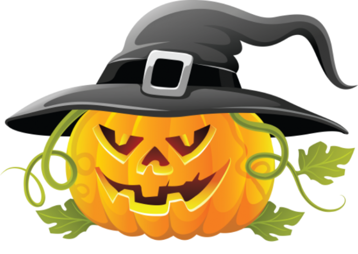 pumpkin wearing a witch hat. Clip art.