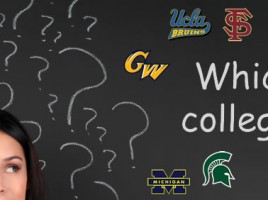 a woman looking up with question marks that reads Which college