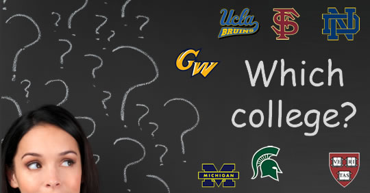 a woman looking up with question marks that reads Which college