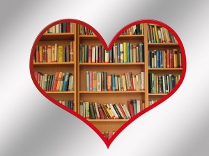 heart shape with books on shelfs inside