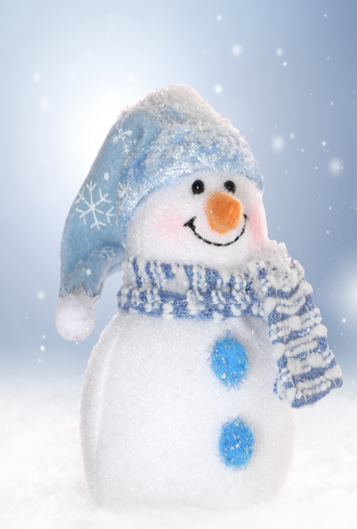 A snowman with a blue hat, clue scarf, and blue buttons set against a snowy background.