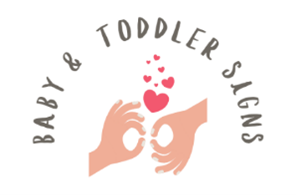 Baby & Toddlers signs written in an arc above two hands forming a sign and several floating hearts.