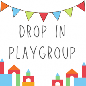 Drop In Playgroup with a multicolor banner of triangle flags above and multicolor blocks below. Line art