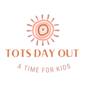 Tots Day Out: A Time for Kids written under a line art drawing of a sun made of various size circles in shared of orange.