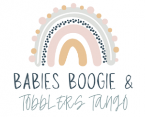 Babies Boogie and Toddlers Tango logo under a pastel rainbow dones in shades of blue, yellow, and pink