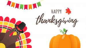 Happy Thanksgiving graphic with a turkey and pumpkin