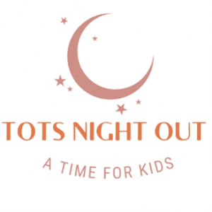 Tots Night Out A Time for Kids written underneat a line art drawing of a crescent moon and starts all done in pastel pinks