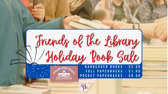 people gathered handing out books with the words Friends of the Library Holiday Book Sale