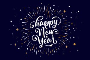 Happy New Year. Lettering text for Happy New Year or Merry Christmas. Greeting card, poster, banner with text happy new year. Holiday background with golden graphic fireworks. Vector Illustration