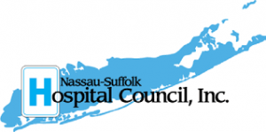 A line drawing of th shape of Long Island in a light blue with the words Nassau-Suffolk Hospital Council in black on top