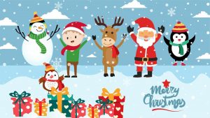 Merry Christmas written against a snowy blue background with a snowman, elf, reindeer, santa and penguin