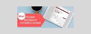 a tablet and a coffee mug with the words New! Program Registration Software and Calendar