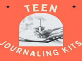 a hand writing in a notebook with the words teen journaling kits