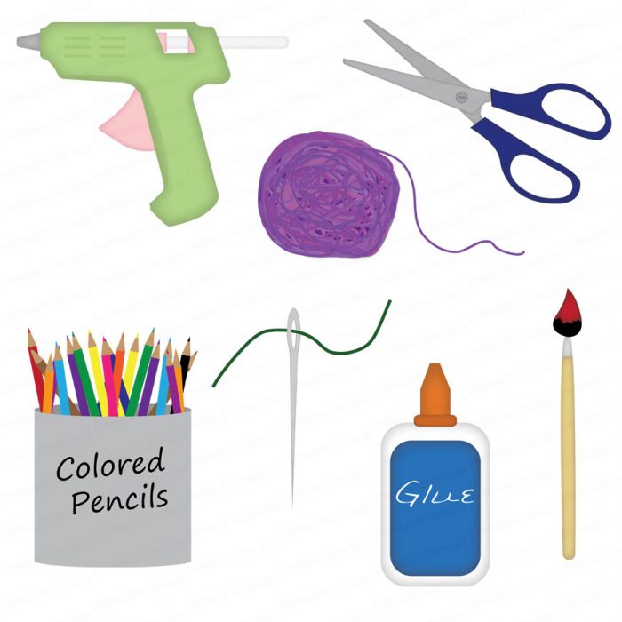 glue gun, scissors, yarn, colored pencils, a needle & thread, glue, and a paint brush.