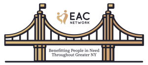 EAC Network with two line art people holding hands to creat a heart above a bridge with Benefitting people in need throughout greater NY written below the bridge.