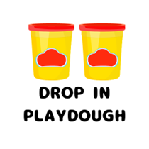 Two yellow containers with red lids and a red design on the front with the words Drop In Playdough written in black underneath them.