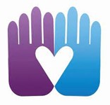 Clip art drawing of a purple hand and a blue hand together with a heart in the center.