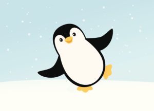 A vector illustration of a happy dancing penguin. Penguin is grouped on a separate layer from the background. Linear and radial gradients used. No meshes.