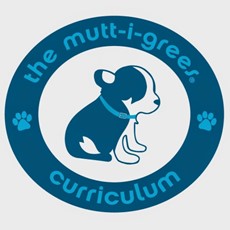 The Muttigrees curriculum written in a circle around a small dog.