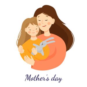 A clipart graphic of a woman with a child holding a stuffed bunny with mother's day written underneath.
