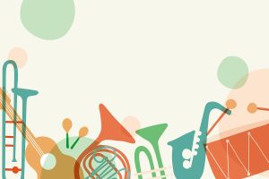 Various musical instruments like a saxophone, tuba, trombone, and drums. Blue vector.
