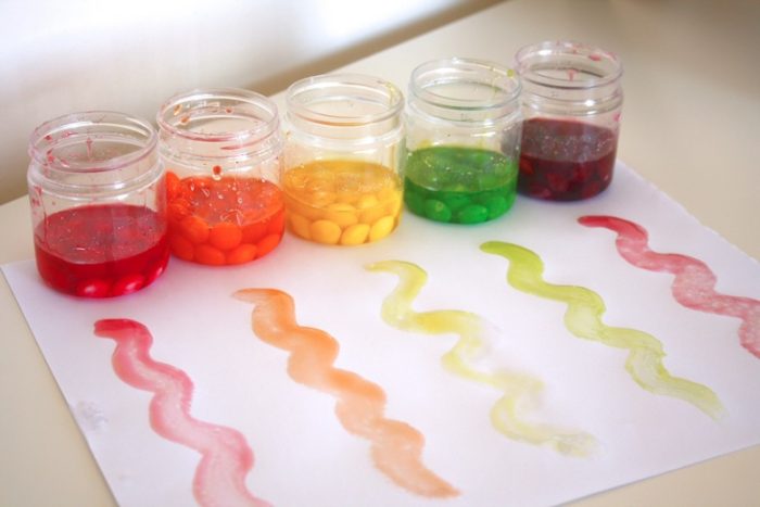 Red, orange, yellow, green, and purple skittles all in their own jar of water sitting on top of a white piece of paper with a squiggle sample line of the colors they make.