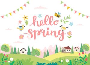 "Hello Spring" ona pastoal background of fields, flowers, birds and bees. Clip art