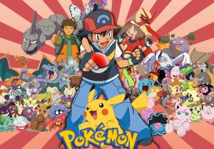 Pokemon logo with Ash Catchem and various pokemon surrounding him.