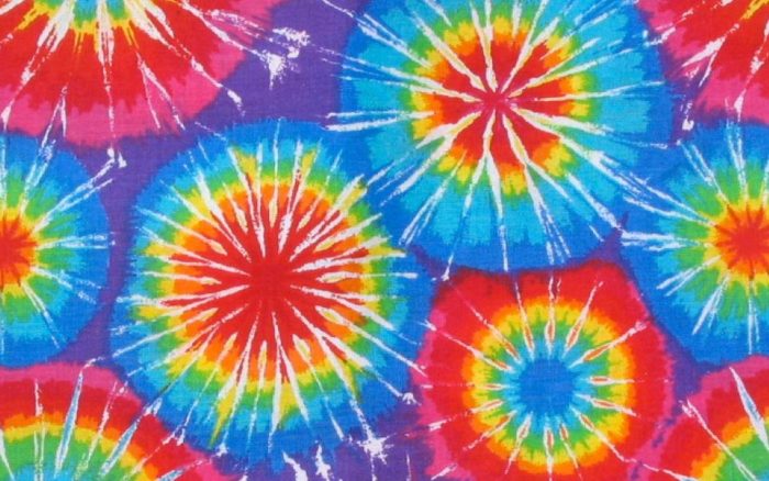 Tie-Dye patterns of red, blue, yellow, green, and purple.