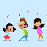 Dancing cartoon children. Vector illustrations Isolated on blue background