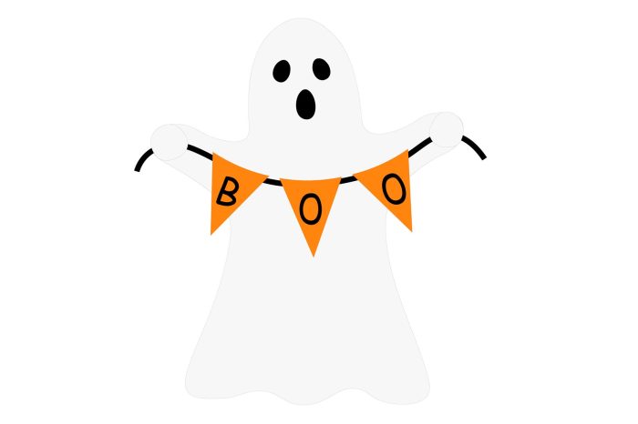 Clip art ghost holding a sign spelling out boo