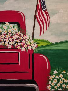 A painting of a red pickup from the back with flowers in it and an American flag hanging from the side.