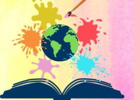 open book with paint splotches and world
