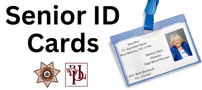 An ID card with the person's picture and information included as well as logos for the library and Suffolk County Sheriff's Office.