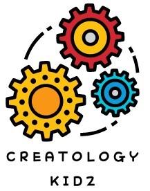 Gears in multiple colors with Creatology Kidz written underneath. Logo. Clip art.