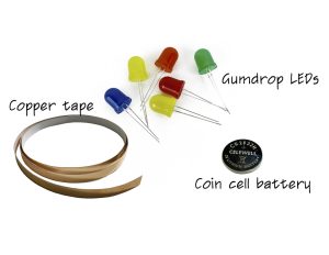 Copper tape, gumdrop LEDs, and a coin cell battery.