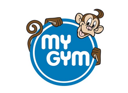 MyGym logo - MyGym written in a blue circle with a monkey holding the circle. Clip art.