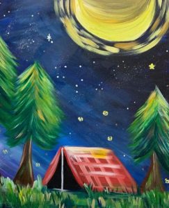 A painting of night sky with the moon high and bright, pine trees, and a tent set up on a grassy spot.