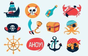 Different pirate/sea symbols in miniature like aship wheel, ahoy, pirate ship, pirate hat, treasure chest, etc. vector drawing.