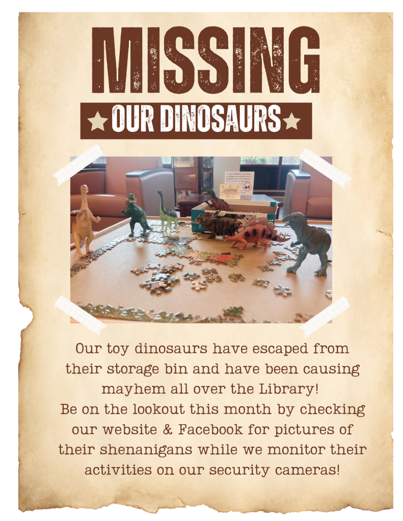 missing dinosaur poster. toy dinosaurs playing with puzzle pieces