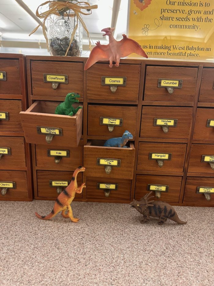 toy dinosaurs in seed library drawers