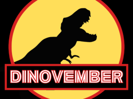 dinovember logo with dinosaur roaring in background