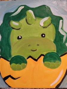 A painting of a green dinosaur hatching from an orange egg.