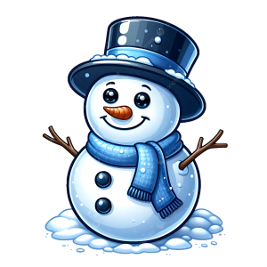 Clip art snowman with a top hat, blue scarf and stick arms