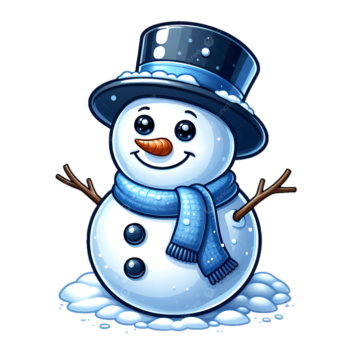 Clip art snowman with a top hat, blue scarf and stick arms