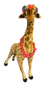 stuffed giraffe in a lei